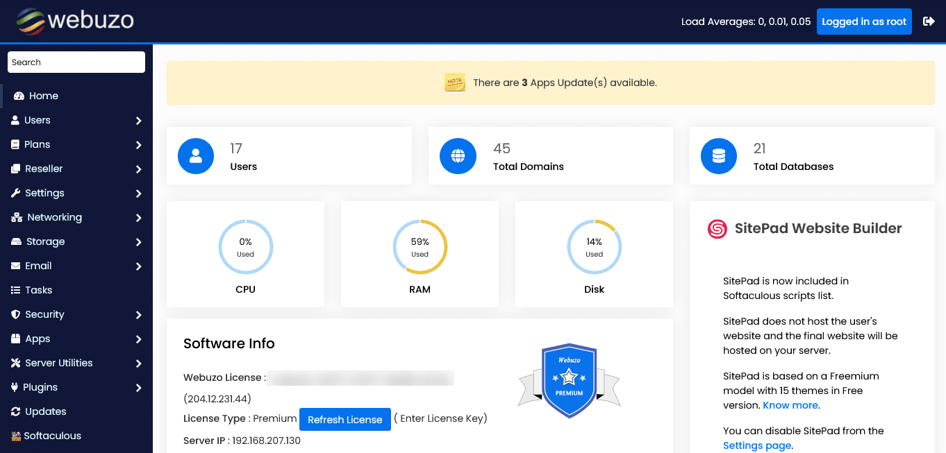Webuzo Server Management Dashboard